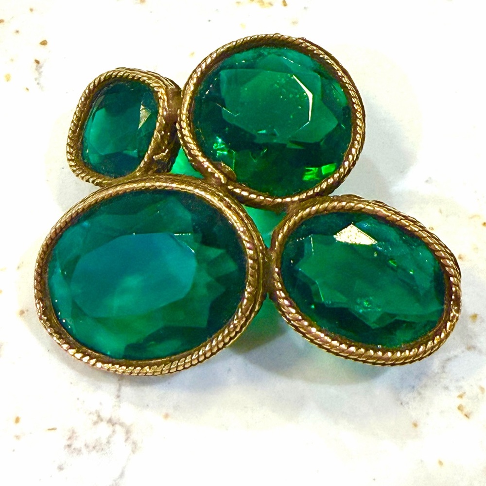 Vintage Gold brooch with green emerald glass cabochons
2”